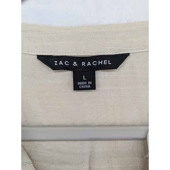 Zac & Rachel Draped Blouse L Cream Split V Neck Roll Tab Sleeve Tunic Button Up - Picture 3 of 9